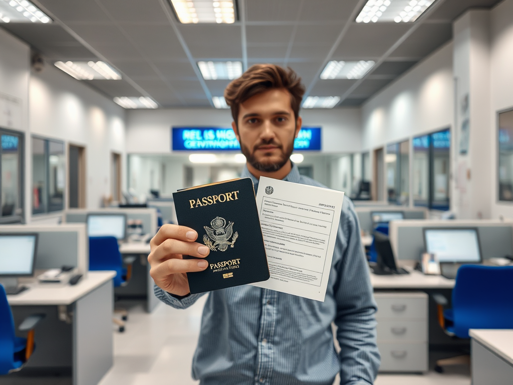 Мужчина держит паспорт и документы в офисе. На фоне видно рабочие места с компьютерами.