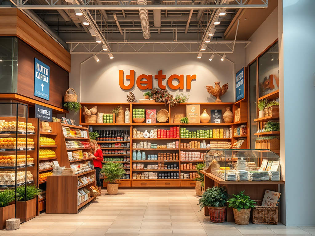 Интерьер магазина с яркими полками, наполненными продуктами, и вывеской "Uetar" на стене.