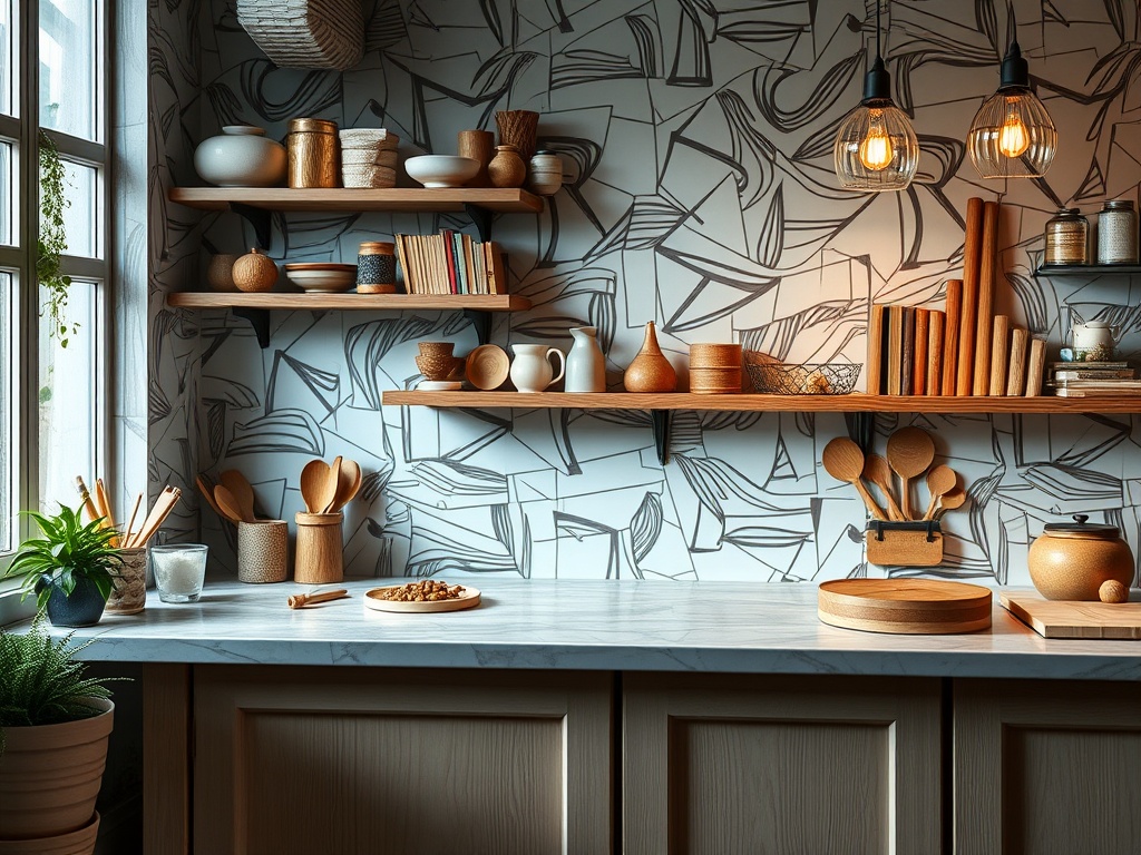 Современная кухня с деревянными полками, посудой и декоративными элементами на фоне абстрактных обоев.