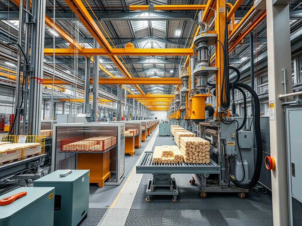 На заводе для обработки древесины видны станки и уложенные бревна в современном производственном помещении.