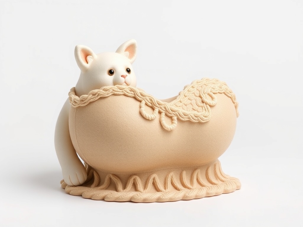 Кошка в стиле игрушки забавно лежит в округлой корзине с узором на краю.