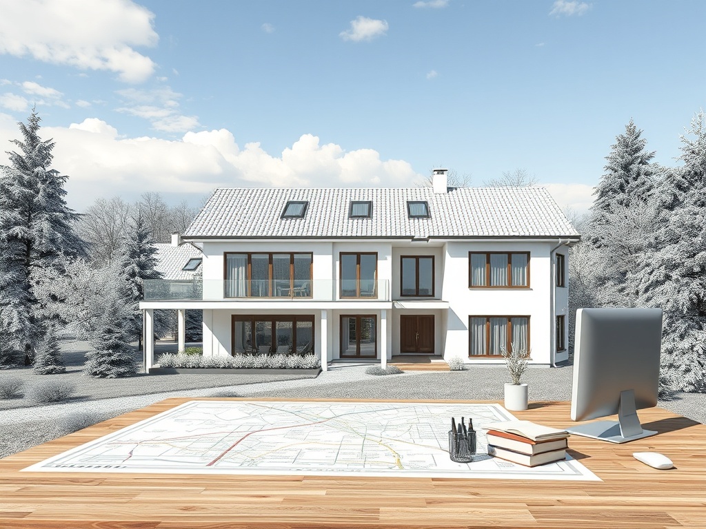 Современный дом на фоне зимнего пейзажа, за столом с картой и компьютером. Природа и архитектура в гармонии.