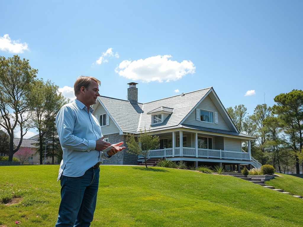 На фоне дома стоит мужчина, наслаждаясь ясным днем с зелеными лужайками и деревьями вокруг.