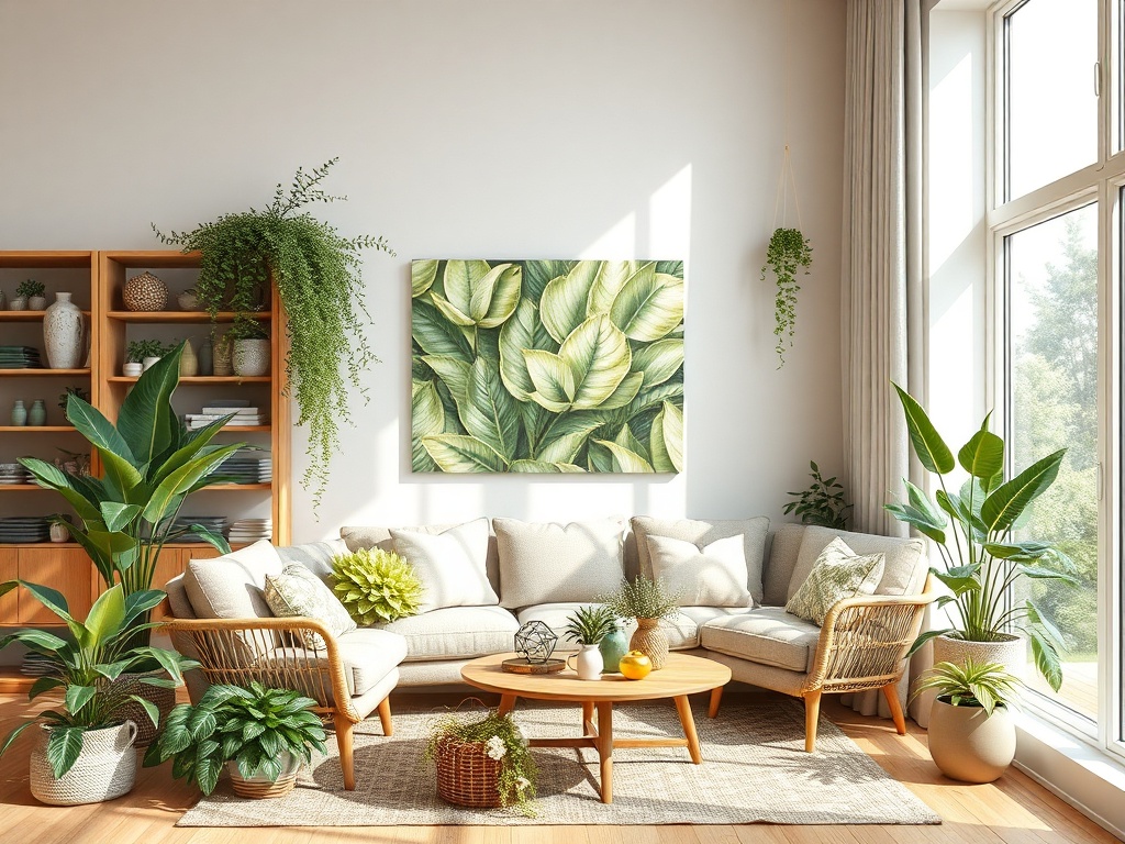 Светлая уютная гостиная с растениями, диваном и картиной с зелеными листьями на стене. Просторное пространство.