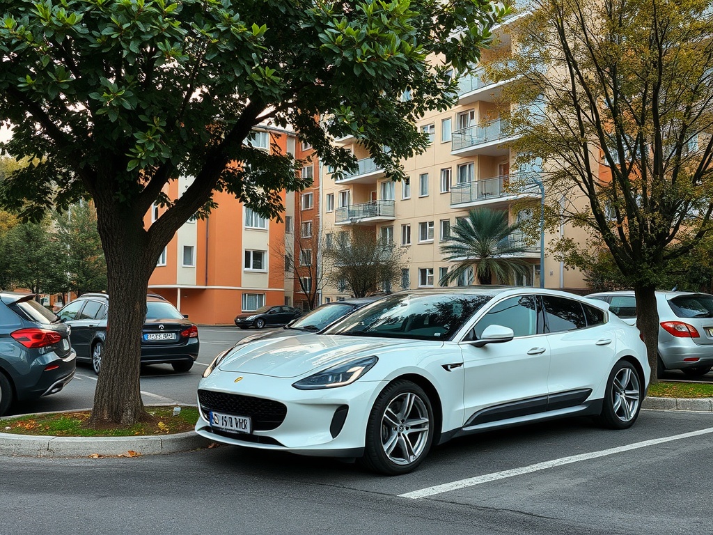 Белый автомобиль стоит на парковке рядом с деревом и многоквартирным домом. Осень, зелень вокруг.