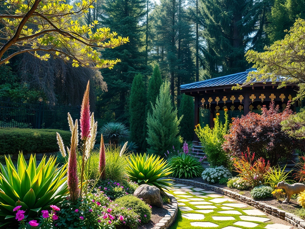 Солнечный сад с зелеными растениями и яркими цветами, ведущий к восточному павильону среди леса.