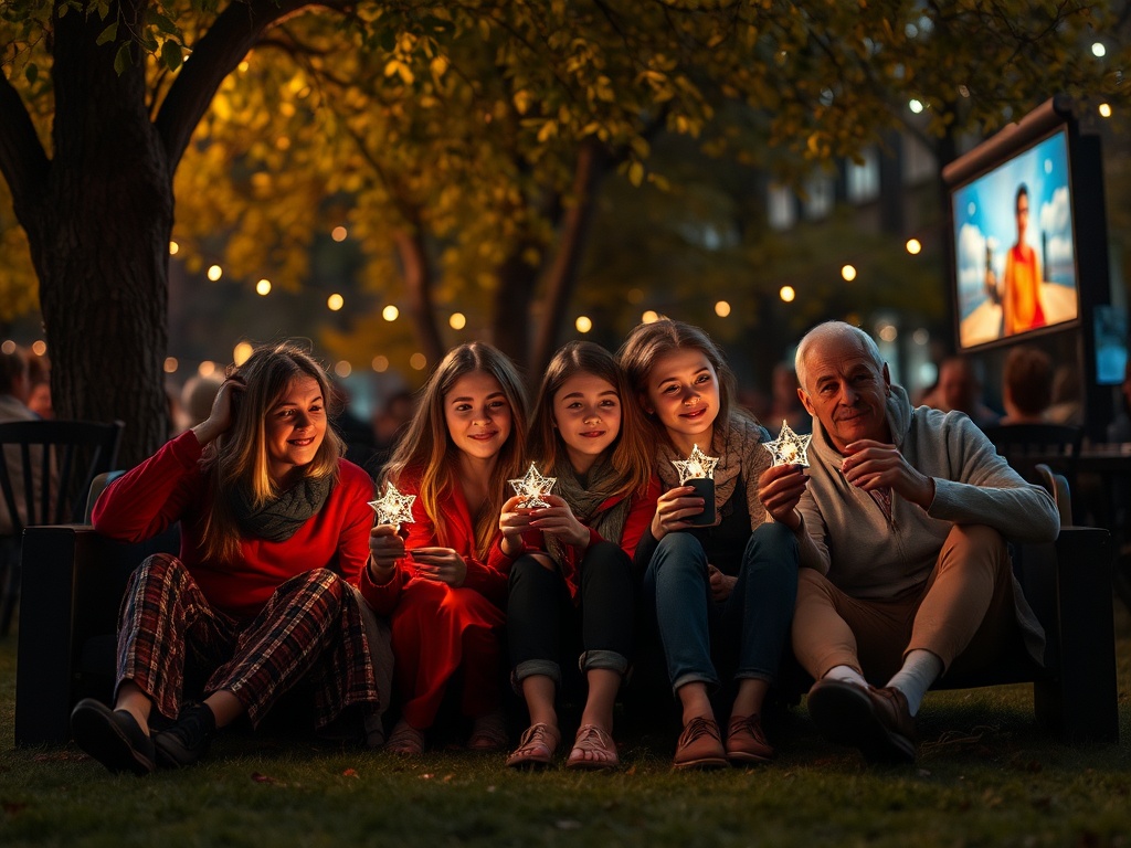 Группа людей сидит на траве, держит светящиеся звезды на фоне вечернего освещения.