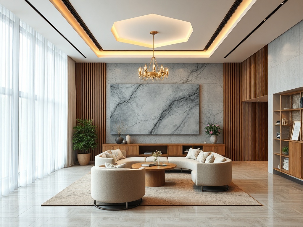 Современный интерьер с уютной мебелью, панорамными окнами и стильными элементами декора.