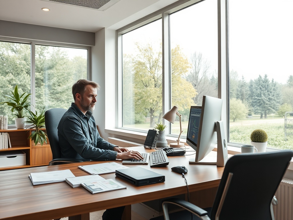 В офисе работает мужчина за компьютером, вокруг много зелени и больших окон с видом на природу.