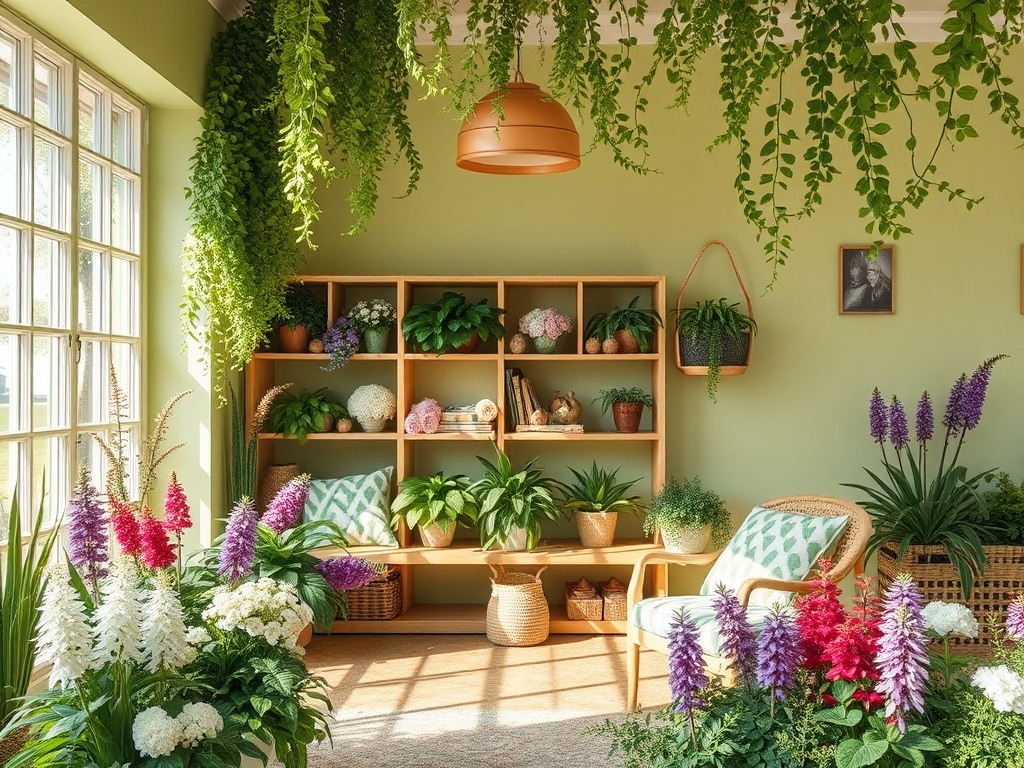 Яркая комната с зелеными растениями и цветами, уютный уголок с полкой и креслом.
