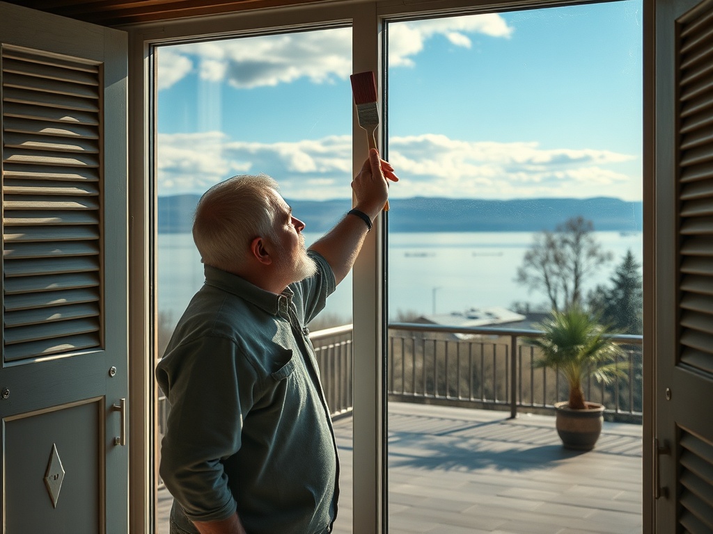 Пожилой мужчина с кистью смотрит на озеро через открытые двери с видом на природу.