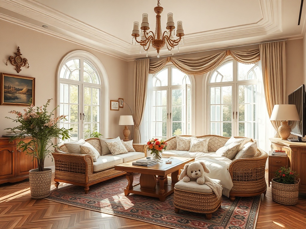 Уютная гостиная с диваном, большими окнами и светильниками, оформленная в теплых тонах. Композиция с цветами.