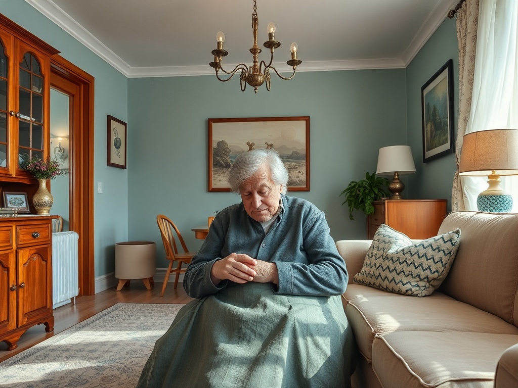 Пожилая женщина сидит на диване в уютной комнате, задумчиво смотрит на свои руки.