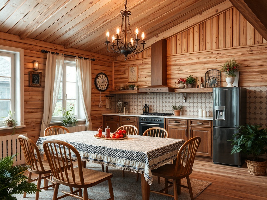 Современная деревянная кухня с обеденным столом, стульями и бытовой техникой. Теплая атмосфера и уют.