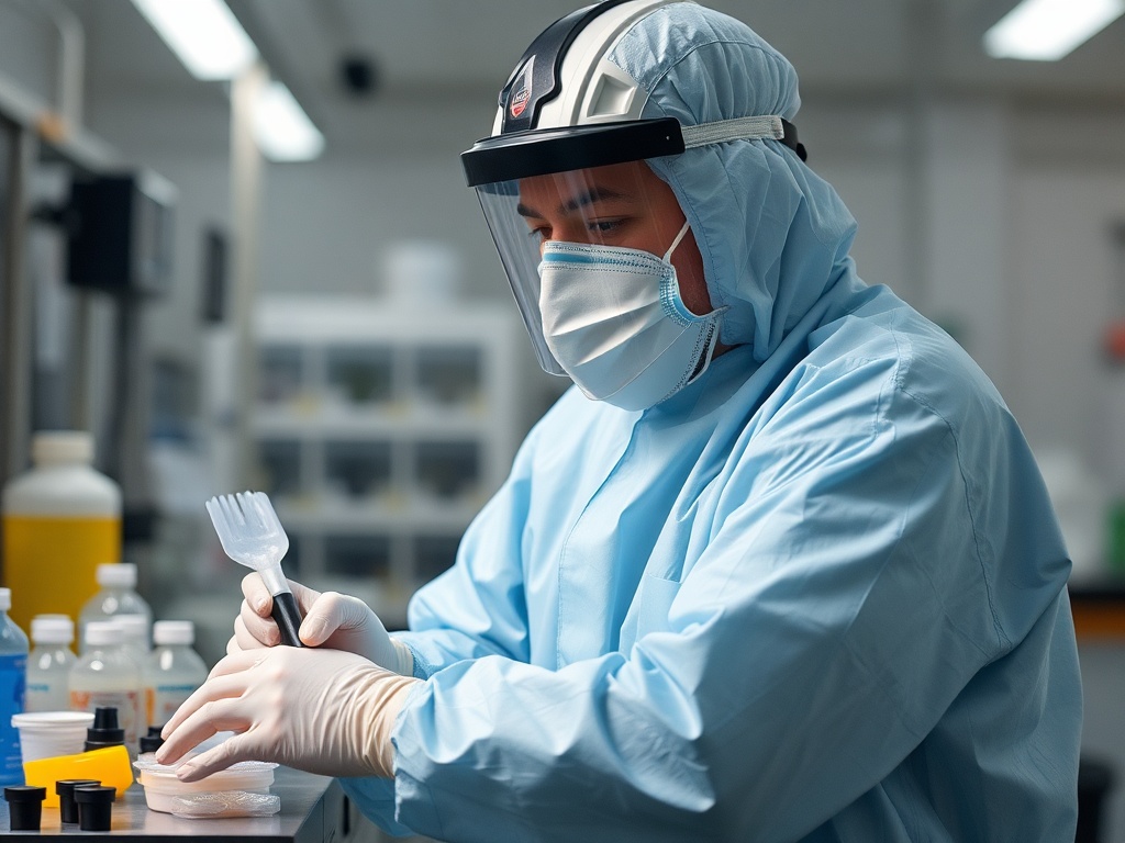 Научный работник в защитной одежде и маске проводит эксперименты в лаборатории.