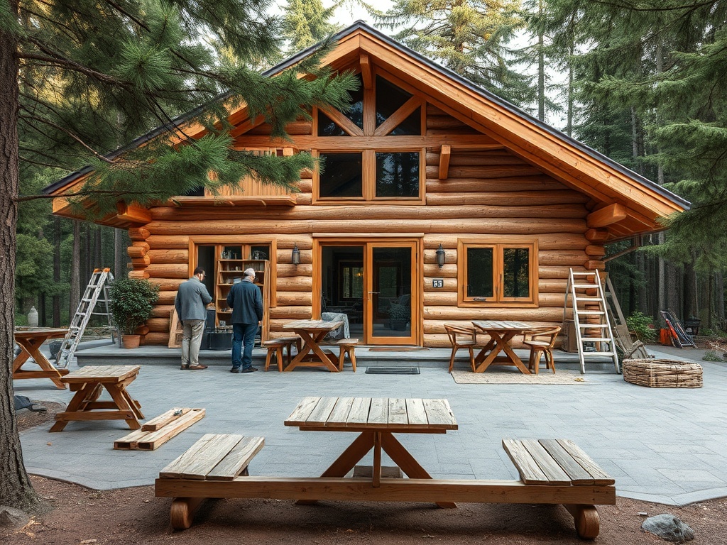 Деревянный дом в лесу, два человека стоят в притворе, скамейки и лестницы снаружи. Спокойная обстановка.
