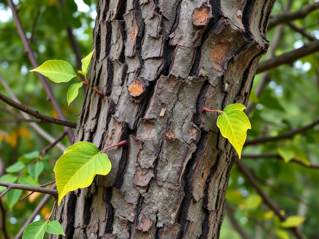 Кора дерева с зелеными и желтыми листьями, растущими в разных направлениях. Фон размытый.