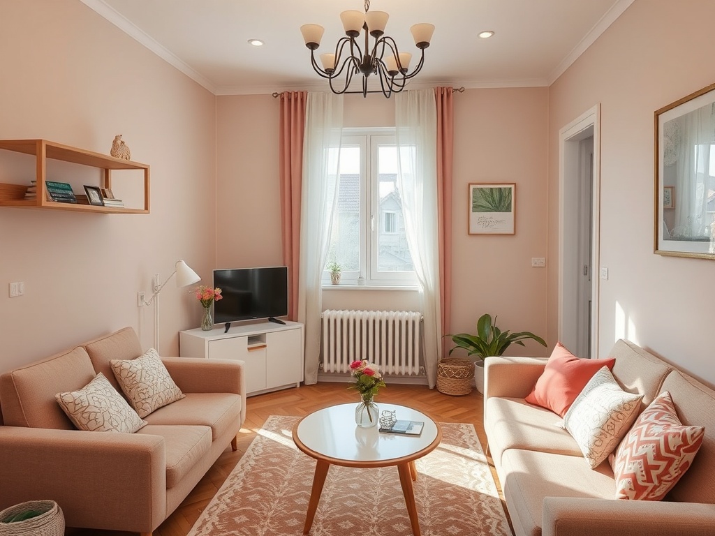 Уютная комната с двумя диванами, телевизором и деревянным столом, освещенная природным светом.