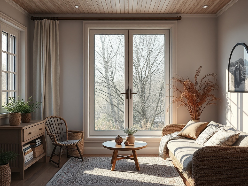 Светлая гостиная с большим окном, уютным диваном и растениями, создающая атмосферу спокойствия.