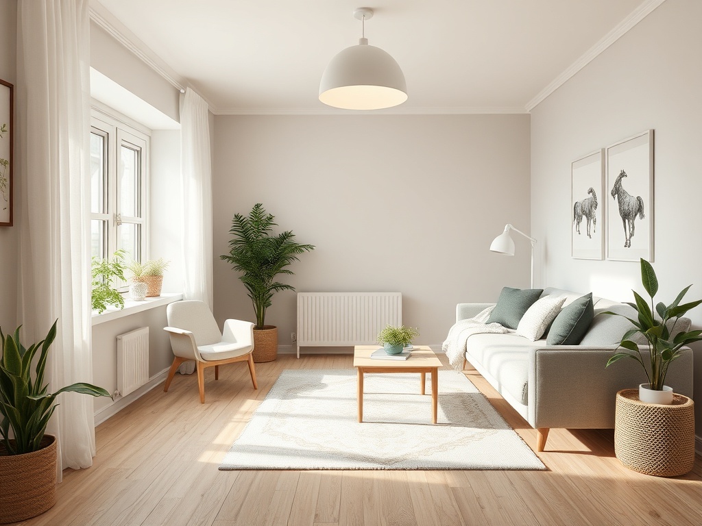 Светлая гостиная с растениями, мягким диваном и стильным декором на стенах. Уютная и современная обстановка.