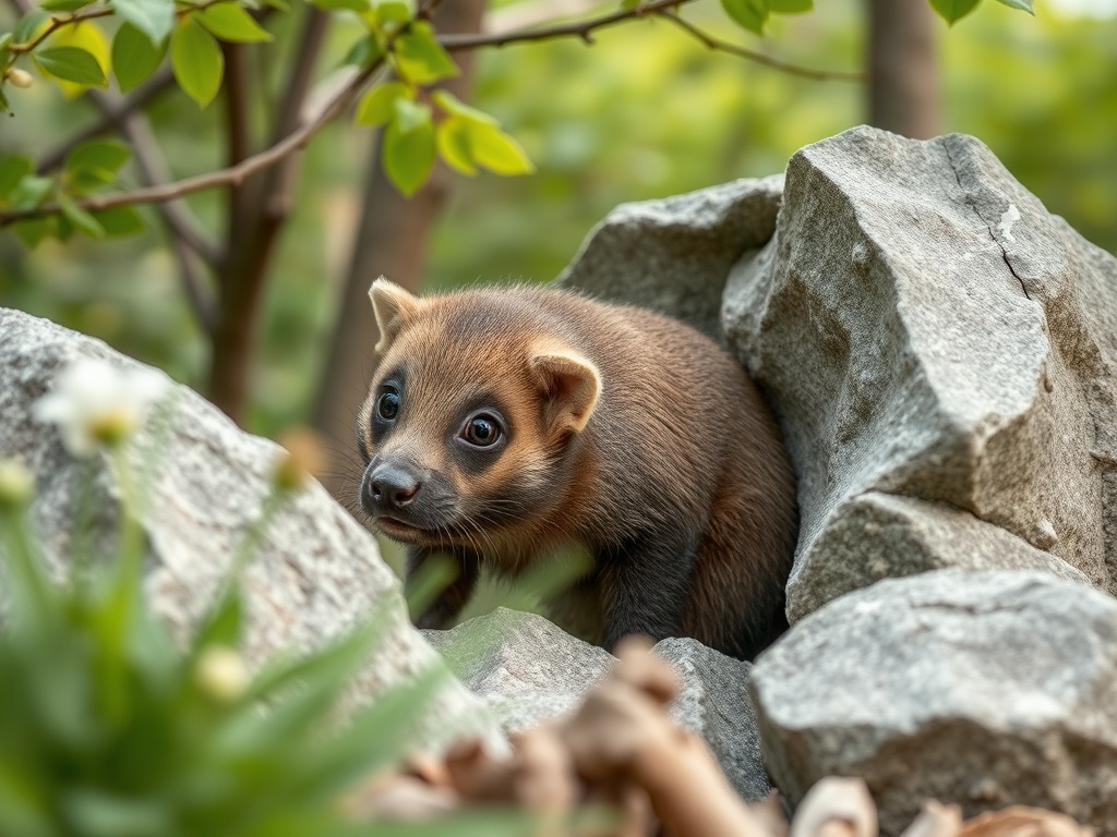 Молодое животное выглядывает из-за камней, окруженное зелеными растениями в природном окружении.