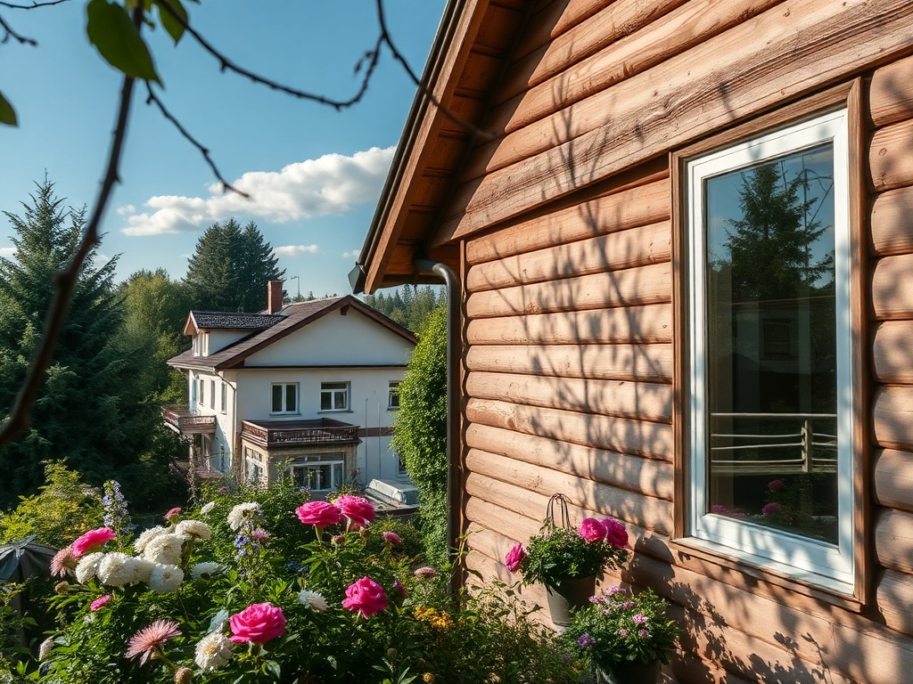 Дом с деревянной отделкой и цветами на переднем плане, солнечный день и голубое небо.
