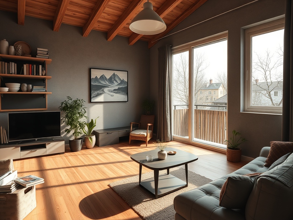 Светлая гостиная с деревянными перекрытиями, окнами и уютной мебелью, завершающей ощущение уюта.