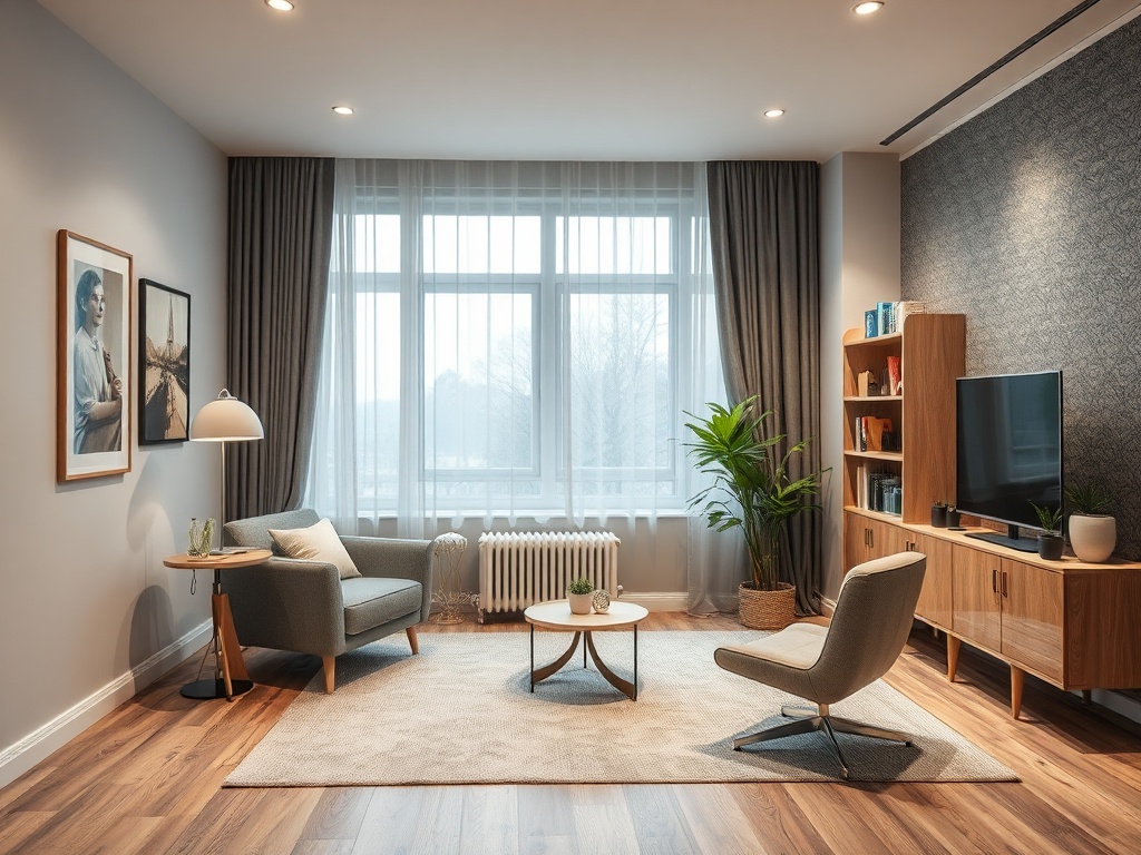 Современная гостиная с уютной мебелью, большим окном и домашними растениями. Светлое и комфортное пространство.